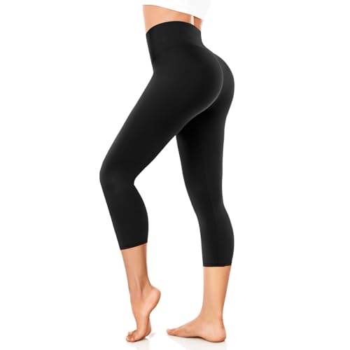 FuelMeFoot Leggings da donna a 3/4, a vita alta, colore nero, opachi, per sport, yoga, palestra., A1-nero., S-M