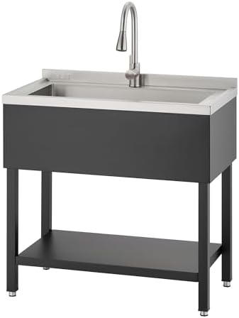 Stainless Steel Utility Sink, Oversized Freestanding Single Bowl Utility Sink with Pull-Out Faucet, for Garage, Laundry Room, Shop, NSF Certified, 36