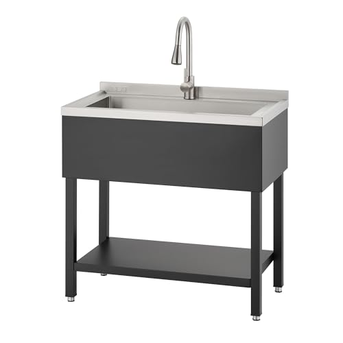 Image of Stainless Steel Utility Sink, Oversized Freestanding Single Bowl Utility Sink with Pull-Out Faucet, for Garage, Laundry Room, Shop, NSF Certified, 36 inchW x 20 inchD x 50 inchH, Black