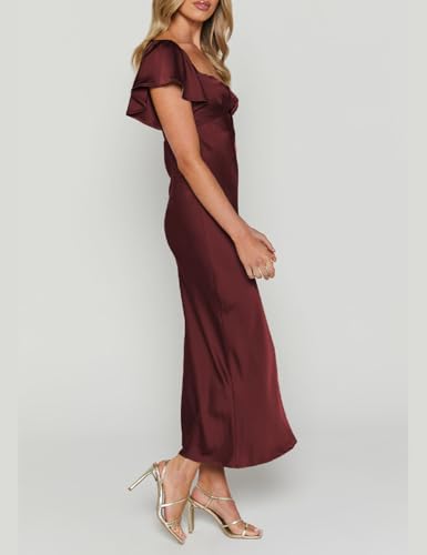 Image of Summer Satin Flutter Sleeve Wedding Guest Dresses for Women Sweetheart Neckline Cutout Tie Back Midi Cocktail Dress