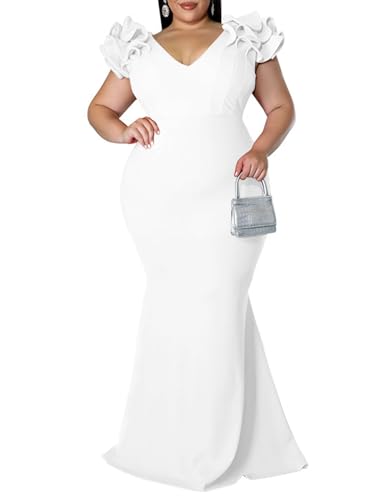 Image of Ekaliy Women's Plus Size Maxi Dress Elegant V-Neck Ruffle Sleeves Bodycon Mermaid Evening Gown
