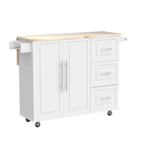 RASOO Kitchen Island with Drop-Leaf Rubber Wood Top Kitchen Cart with Storage Cabinet and Drawers Island Table for Kitchen with Towel Rack & Bottle Rack, White, 43.7"x16.93"x36.02"(LxWxH) (White)