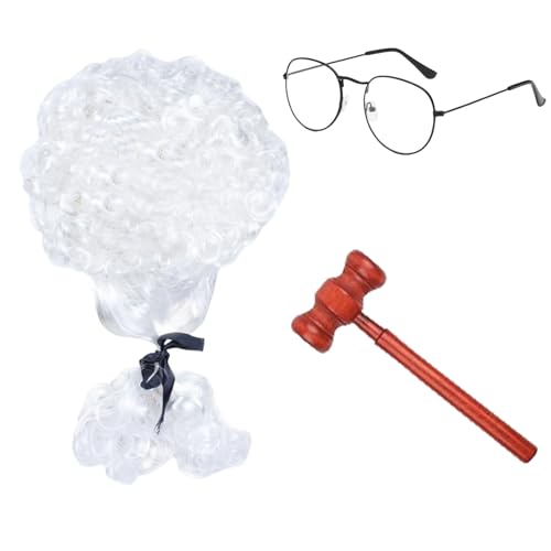 SSKHE Ensemble 3 en 1 Juge, Perruque Blanche + Marteau en Bois + Lunettes Dorées, Qualité Premium, Design Réaliste pour Halloween, Fêtes Thématiques & Role-Play