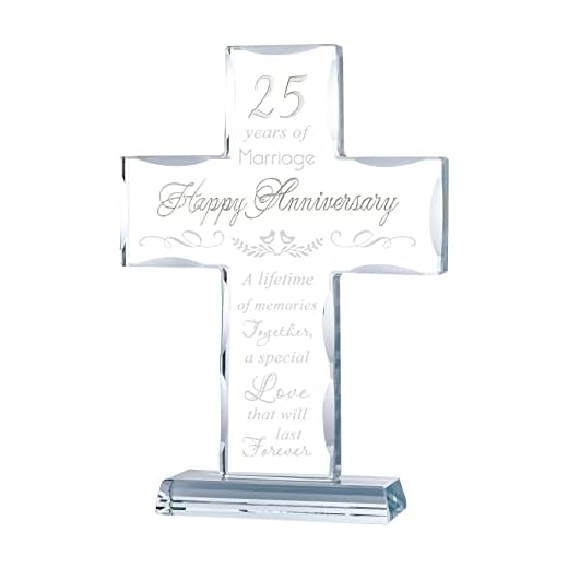 YWHL Wedding Anniversary Glass Cross Gifts, Laser Engraved Silver Word 25th Anniversary Standing Cross Gifts for Couple, 25 Years of Marriage Cross Decorations (7.9"x5.5")