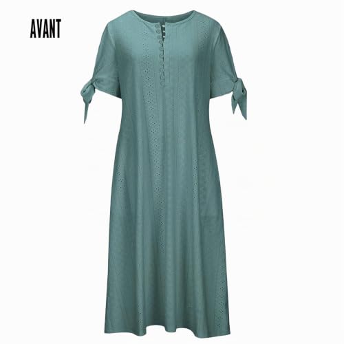 nnOuOnn Robe longue d'été pour femme, style bohème, décontractée, élégante, tendance, motif floral, col en V, bouton, manches courtes, avec poches, robe d'été, robe de plage, vert foncé, XL – vue 4