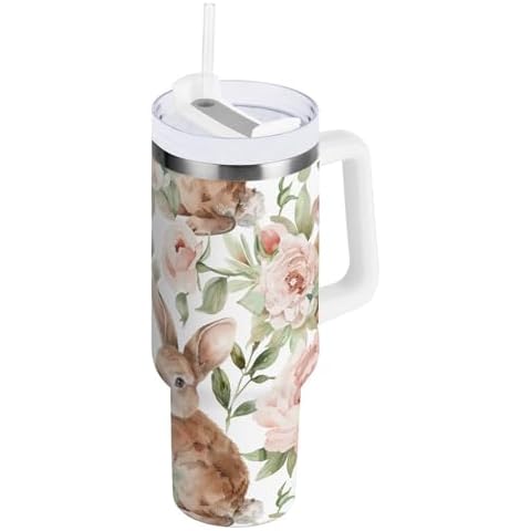 RunningBear Flowers Rabbits 30 oz Tumbler with Handle and Straw Water Bottle Reusable Travel Mug Insulated Cup Holder Bottle for Coffee Water Cover