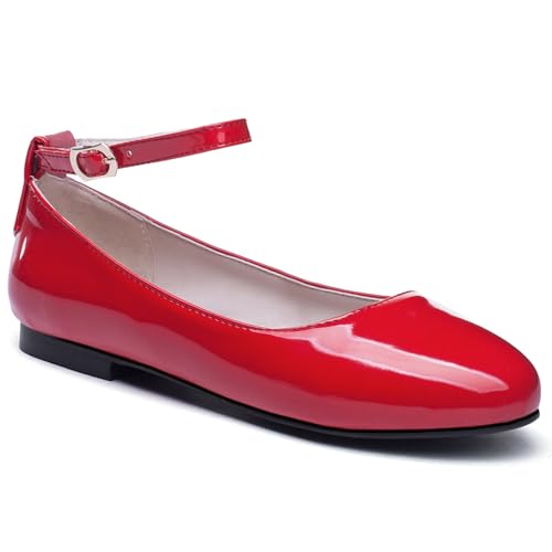 LUXMAX Womens Patent Leather Ballet Flats Ankle Strap Ballerina Shoes2