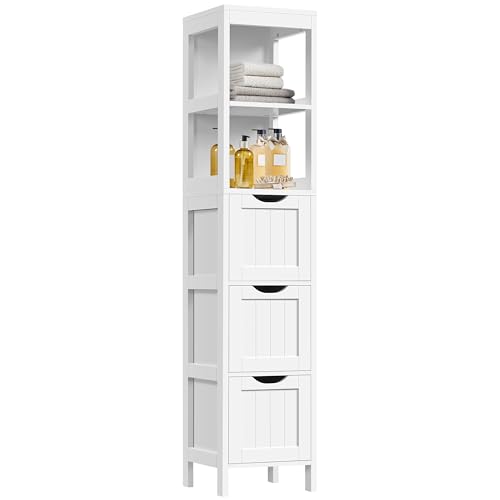 Image of Yaheetech Bathroom Tall Cabinet, Slim Storage Cabinet, Narrow Freestanding Floor Cabinet with 3 Drawers & 2 Shelves, Linen Tower for Small Space, 12" D x 12" W x 56" H, White