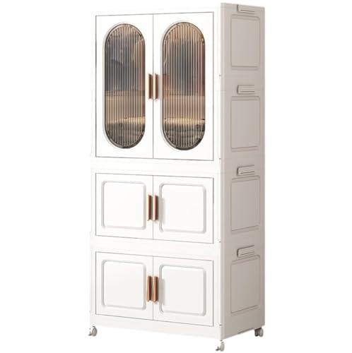 MOMENT Portable Closet Wardrobe with Wheels Stackable Plastic Storage Cabinet Side Fixing Buckle Foldable Wardrobe Closet with Doors for Clothes Shoes(65 * 40 * 145cm)