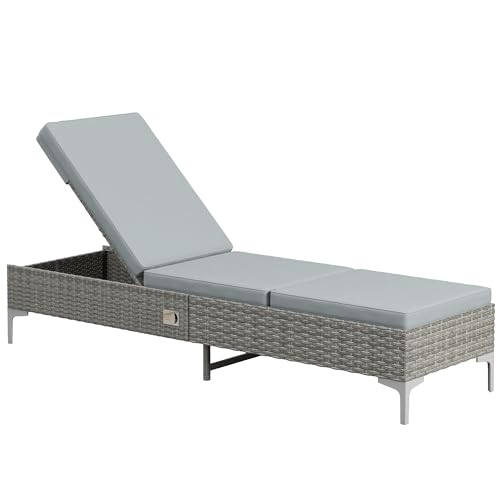 Outsunny Tumbona de Ratán Reclinable Tumbona de Jardín con Respaldo Ajustable Cojín Extraíble y Lavable Carga 160 kg para Patio Terraza 202x61x29-98 cm Gris y Marrón