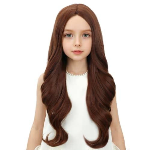 Image of Kids Ginger Orange Wig Long Dark Orange Wavy Curly Wig for Child Girls Long Ginger Middle Part Wigs Heat Resistant Synthetic Wigs with Cap
