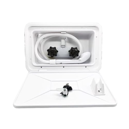 SEAFLO RV External Shower Box Kit White RV Outdoor Exterior Shower with Lock Leak Proof Coiled Hose Easy Install for Camper Van Travel Trailer Motorhome Boat 4 Year Warranty