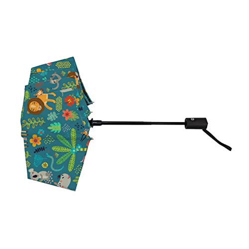 Baegutly Compact Folding Umbrella Purse Umbrella Tropical Jungle Animal Lion Tiger Palm Leaves Tree Green Auto Open Close Umbrella For Women Men Boy Girl Kid #TOP3