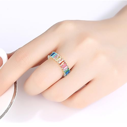 Colorful Rectangle Moissanite Eternity Band in 14K Gold for Women, Ideal for Birthday and Engagement Celebrations, Size 6-93