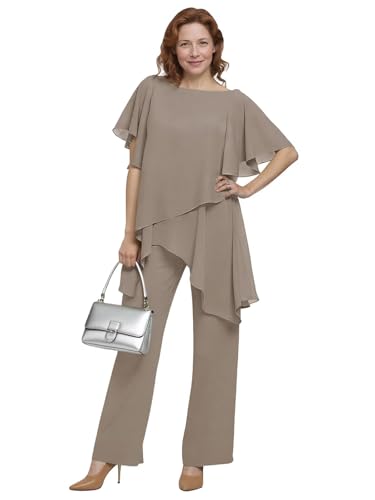 2 Piece Mother of Bride Pant Suits for Wedding Chiffon Short Sleeves Women Tiered Ruffles Formal Dressy Outfits LM04