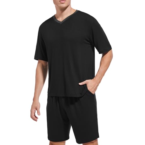 American Trends Mens Pajamas Set Sleepwear Short Sleeve Pajama Set V Neck Pjs for Men with Pocket Black L