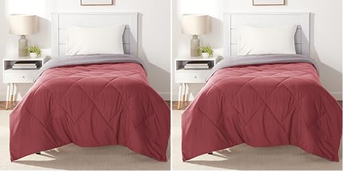 Image of Amazon Basics Reversible Lightweight Microfiber All Season Comforter Blanket, Twin /Twin XL, Burgundy /Grey (Pack of 2)