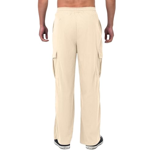 Wide Leg Cargo Pants for Men Corduroy Drawstring Elastic Waist Sweatpants Athletic Lounge Pants with Pockets2