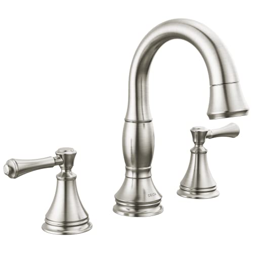 Delta Faucet Cassidy Pull Down Bathroom Faucet, Bathroom Pull Out Faucet, Brushed Nickel Widespread Bathroom Faucet 3 Hole, Bathroom Sink Faucet with Magnetic Docking, Stainless 3597-SSPD-DST