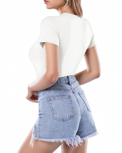 Image of MANGOPOP Women's Round Neck Short Sleeve Bodysuit T Shirts Basic Body Suit Tops