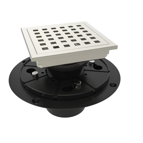 WEBANG 4 Inch Square Shower Floor Drain with Flange Quadrato Pattern Grate Removable Food-Grade SUS 304 Stainless Steel Watermark&CUPC Certified Brushed Nickel