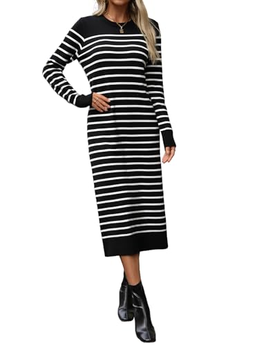 Image of Long Sweater Dress for Women Loose Knitwear Striped Long Dresses Stylish Autumn and Winter Outfits