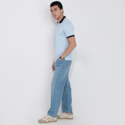 Image of Park Avenue Men Slim Fit Stripe Pattern Pure Cotton Polo Neck Half Sleeve Casual T-Shirt