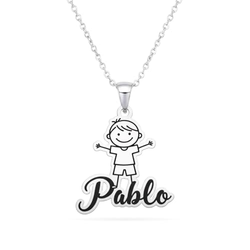 Collar con Colgante de Niño o Niña Personalizable en Plata de Ley 925 o Bañado en Oro – Regalo Ideal para Mamás o Abuelas – 45cm + Alargador (Niño)