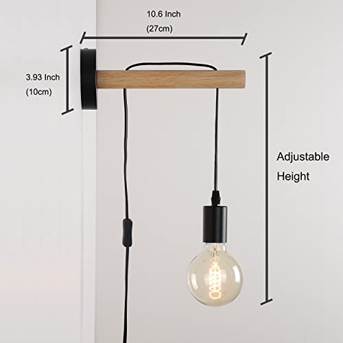 Anlampha Black Plug In Wall Sconces,Wall Lamp With Natural Wood Arm And Adjustable Height,Wall Mounted Light Fixture With With 7Ft Plug In Cord,E26 Base,Ul Listed #TOP6
