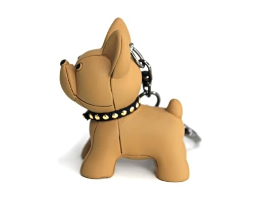 DUB SPENCER Süßer French Bulldog Hunde Miniatur Figur Schlüsselanhänger als Französische Bulldogge mit Leder Anhänger, Karabiner & Schlüsselring in 4 Farben + Aufkleber (Braun)
