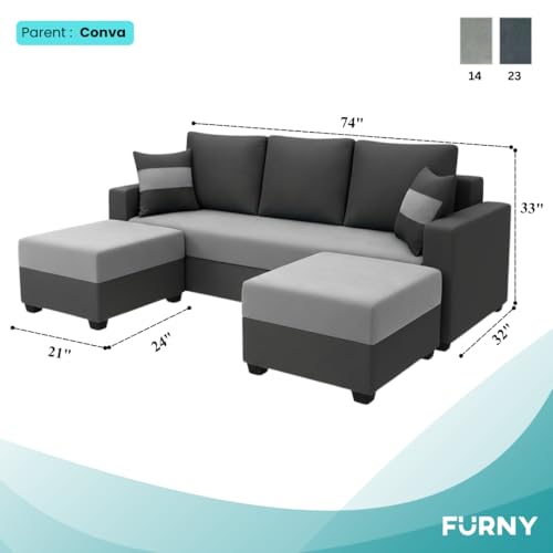 Image of FURNY Aura 5 Seater L Shape Sofa Set with 2 Movable Ottoman | Flexible Left or Right Layout | Plush Velvet Fabric (Light Grey-Dark Grey) | Perfect for Living Room, Guest Room & Office
