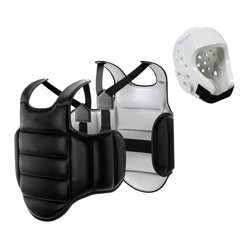 キックボクシング、MMA、グラップリングに実用的なボクシングヘルメット付き空手用チェストガード XL, 黒と白