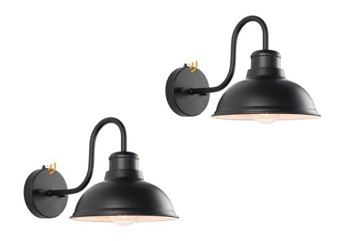 Image of Dusk to Dawn Barn Light Outdoor Sconce 8 inch Exterior Lighting Fixtures 2 Pack | Anti-Rust Waterproof Farmhouse Industrial Vintage Matte Black Wall-Mount for Porch /Garage /Patio Yard ETL Listed