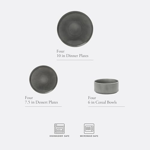 Image of Gibson Elite Solana Coast 12 Piece Stoneware Reactive Glaze (Service for 4) Ceramic Plates and Bowls Modern Shape Embossed Dinnerware Set - Black
