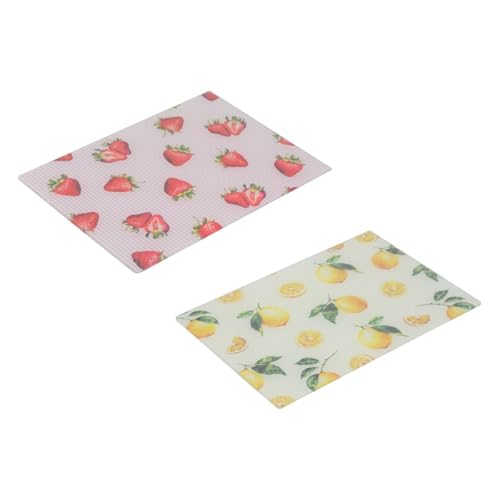 Set of 2 Glass Chopping Boards - Lemon & Strawberry Design Durable Kitchen Worktop Savers with Non-Slip Base - Food Fruit Vegetable Meat Fish Preparation