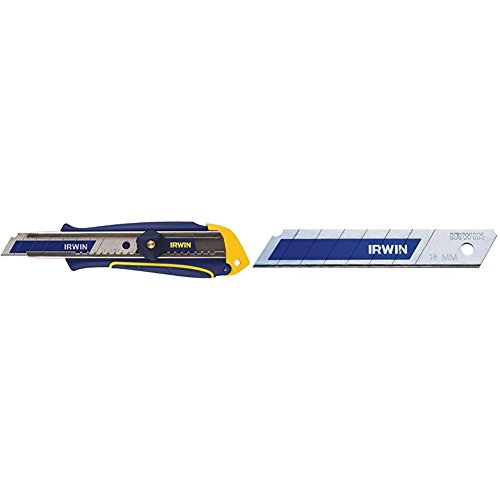 Irwin 10507580 Cutter pro à molette avec lame Bimétal 18 mm + Irwin 10507102 Lames Sécable Bimétal, Argent/Bleu, 18 mm, Set de 5 Pièces