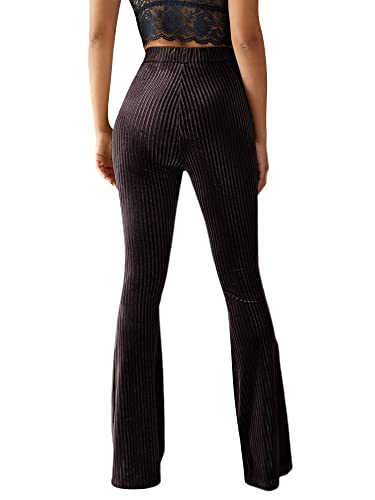 Listenwind Women\'s Bootcut Yoga Pants Velvet Flared Pants Elastic Waist Disco Bell Bottom Pants Corduroy Palazzo Pants (A# Brown, L)