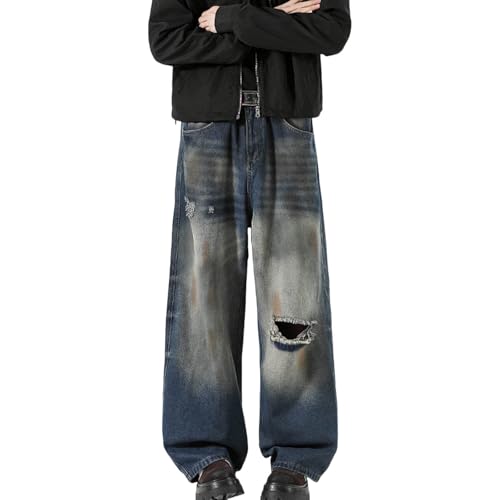 Genérico Vaqueros Hombre de Color Gris Cemento con Rotos y Corte Wide Leg Estilo de Calle(Blue, L)