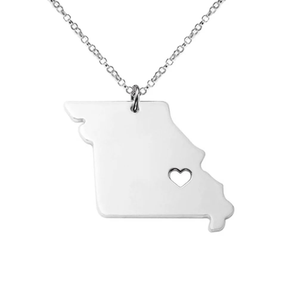 Art Attack Stainless Steel I Love Missouri Necklace, Show Me Cave State Heart Map Pendant (Silver)