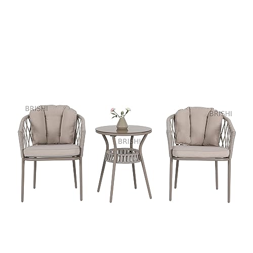 Image of BRISHI Garden Patio Seating Chair and Table Set Outdoor Balcony Garden Coffee Table Set Furniture with 1 Table and 2 Chairs Set with Cushion Braid & Rope (Natural)