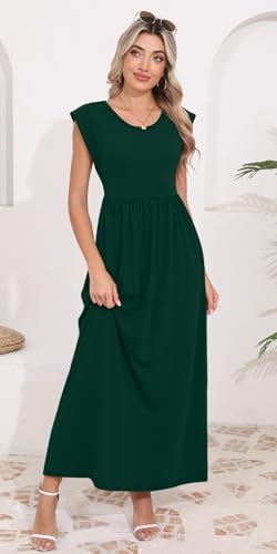 Image of DB MOON Womens 2026 Maxi Dresses Empire Waist Long Summer Dress Casual Cap Short Sleeve Sundress with Pockets