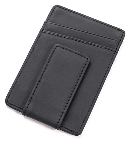 Vintage Leather Slim Money Clip Wallet Small Credit Card Purse with Coin Bag Thin Pocket Clamp Cash Holder (Black)