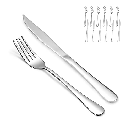 SANTUO 12 Pcs Silverware Set with 6 Steak Knives and 6 Dinner Forks,Flatware Set with Top Food Grade Stainless Steel,Tableware Cutlery Set For Home Restaurant Hotel, Mirror Finish, Dishwasher Safe
