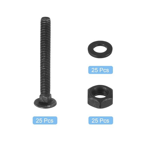 Image of uxcell M6 x 50mm Carriage Bolt Kit, 25 Set Round Head Square Neck Screws, Carriage Bolts Screws Set Includes Washers and Nuts - Carbon Steel Black Oxide for Fastening Accessories