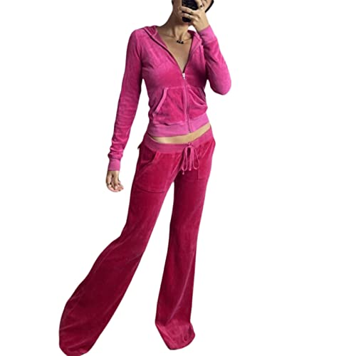 PDYLZWZY Conjunto de chándal de terciopelo para mujer de 2 piezas con diseño de corazón estampado de manga larga con cremallera y pantalones de chándal Y2K, Rosy Pants, S
