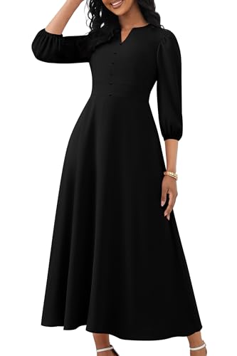FANDEE Maxi Dress for Women Casual 3/4 Sleeve V Neck Semi Formal Fit and Flare Dress Classy High Waist Wedding Guest Dresses