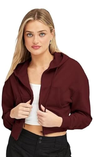 Image of Rabboni Women's Crop Fleece Hoodie Jacket | Full Sleeve Zip-Up Hooded Sweatshirt for Women & Girls | Soft Warm Casual Winter Wear Crop Hoodie