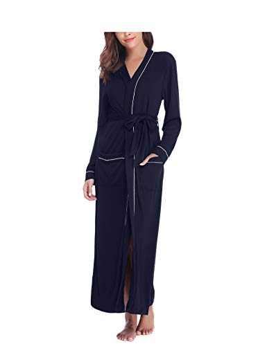 Sykooria Bata para Mujer Algodón, Largo Albornoz Kimono Ropa de Dormir Suave Loungewear Bata de Bolsillo con Cinturón Pijama