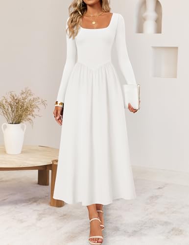 ZESICA Fall Dresses for Women 2025 Elegant Classy Square Neck Long Sleeve Flowy Wedding Guest Party Midi Dress2