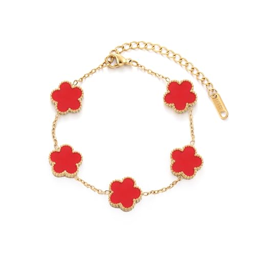 TICVSS Four Leaf Clover Bracelet for Women 18K Gold Plated Stainless Steel Lucky 4 Leaf Gold Link Bracelet Jewelry Gift for Women (Red)